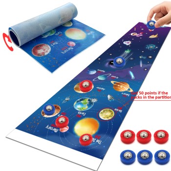Space Explorer Themed Micro Shuffleboard Table Game for Kids, Action-Packed Plastic Mini Curling Board Set, Ideal for Children Ages 6-8